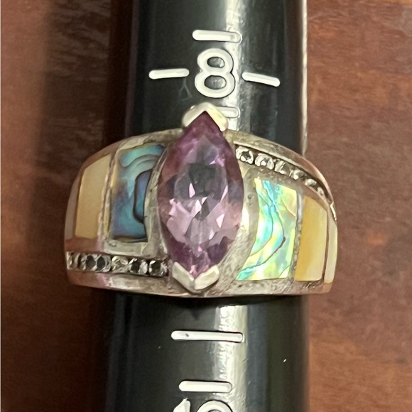 Sterling Silver 925 Marquis Amethyst Abalone Inlay Whitney Kelly Ring EC 9 #331 - Picture 8 of 12